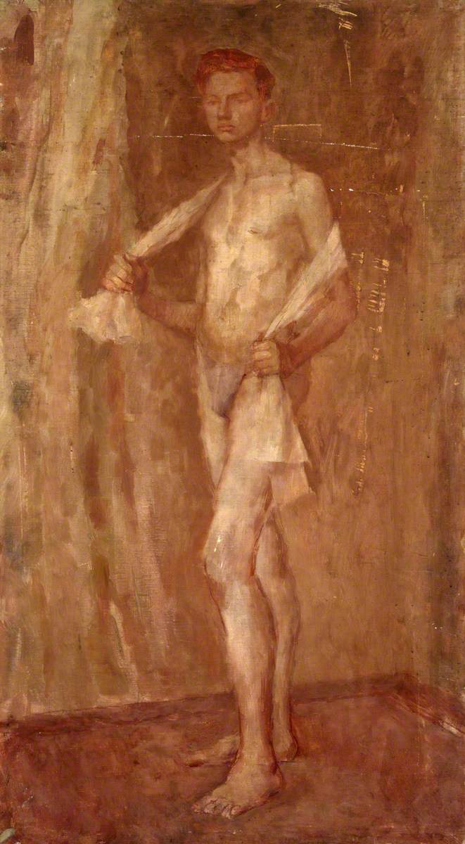 Standing Male Nude with White Cloth over Shoulders