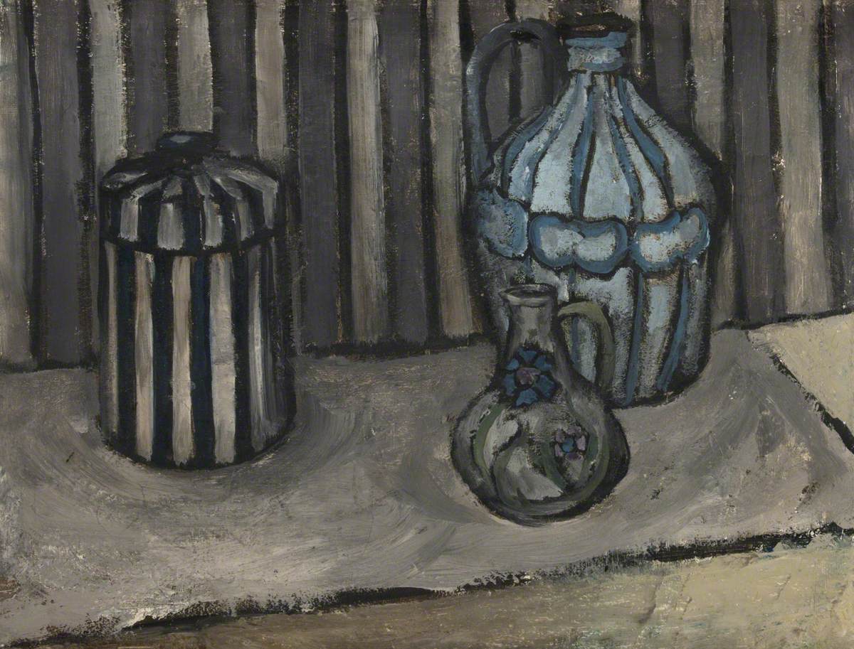 Still Life with Striped Cloth and Pots