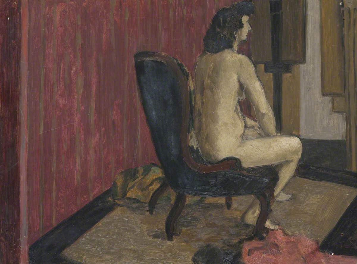 Seated Female Nude with Striped Backdrop and Easels