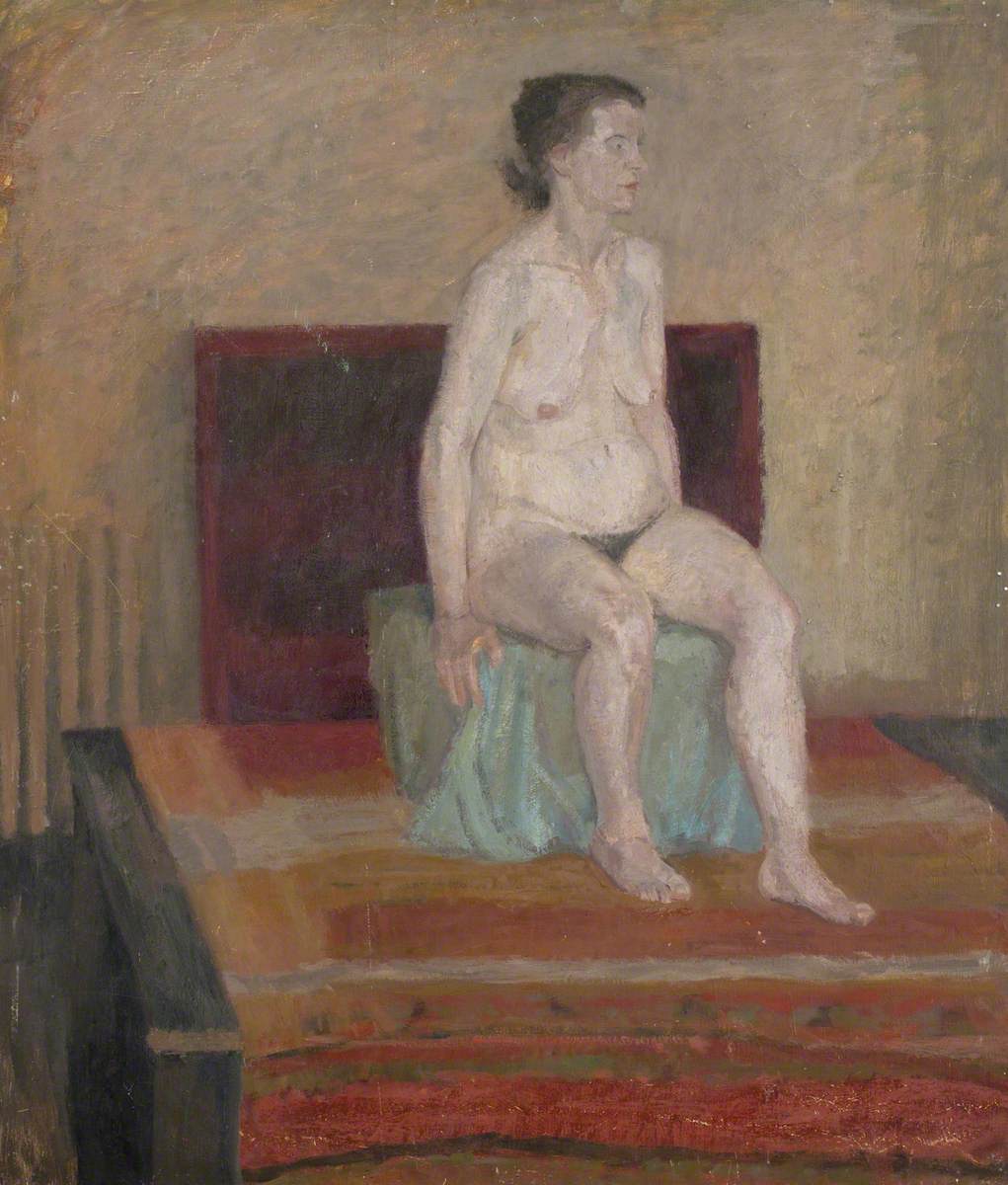 Seated Female Nude with Striped Floor Drape