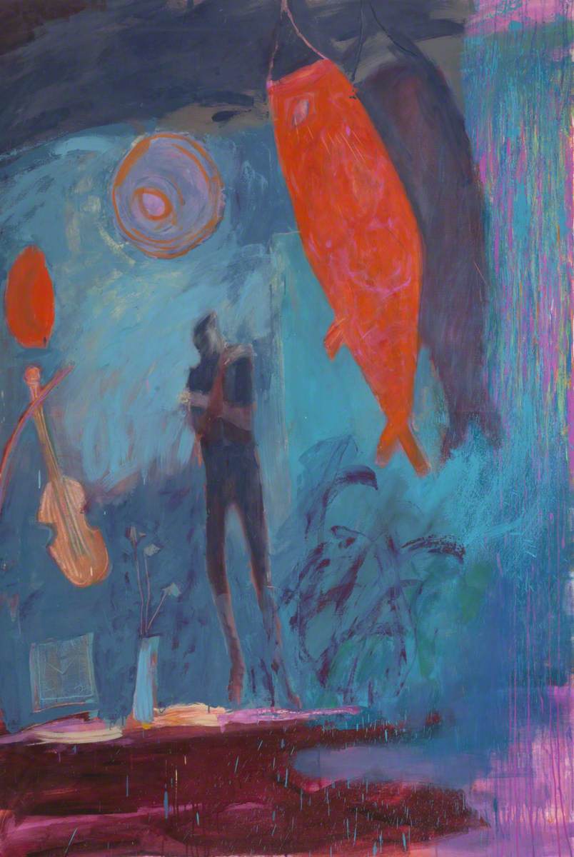 Ghostly Figure with Red Fish and Violin