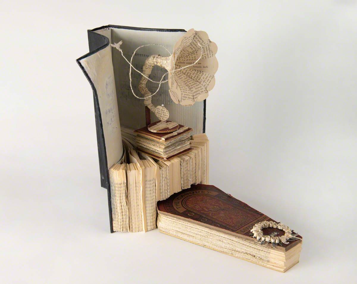 Book Sculpture of a Gramophone and a Coffin Fashioned from a Copy of Edinburgh-Based Author Ian Rankin's Book 'Exit Music'