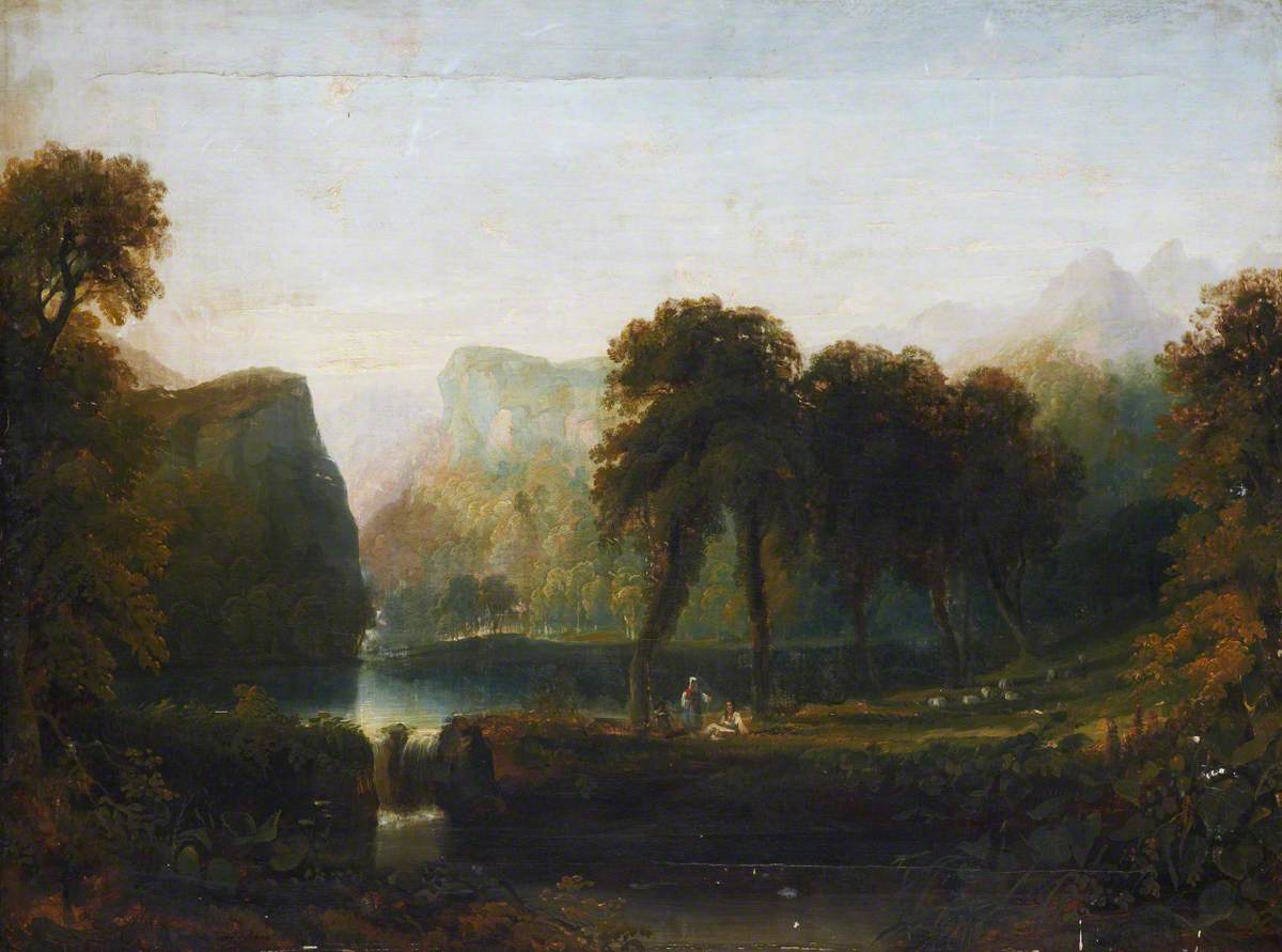 Landscape with Three Figures and a Lake and Waterfall