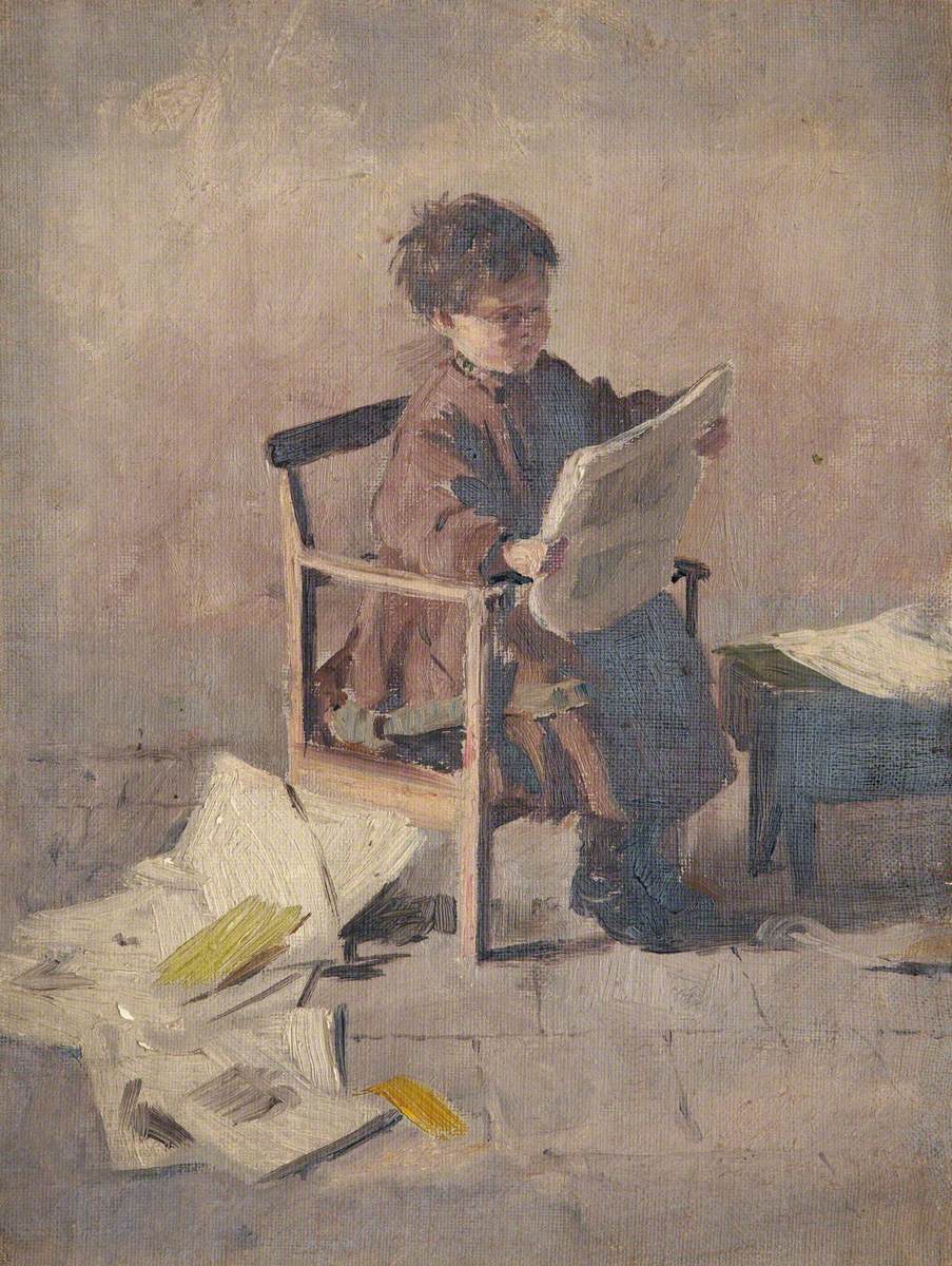 Seated Child Reading a Newspaper