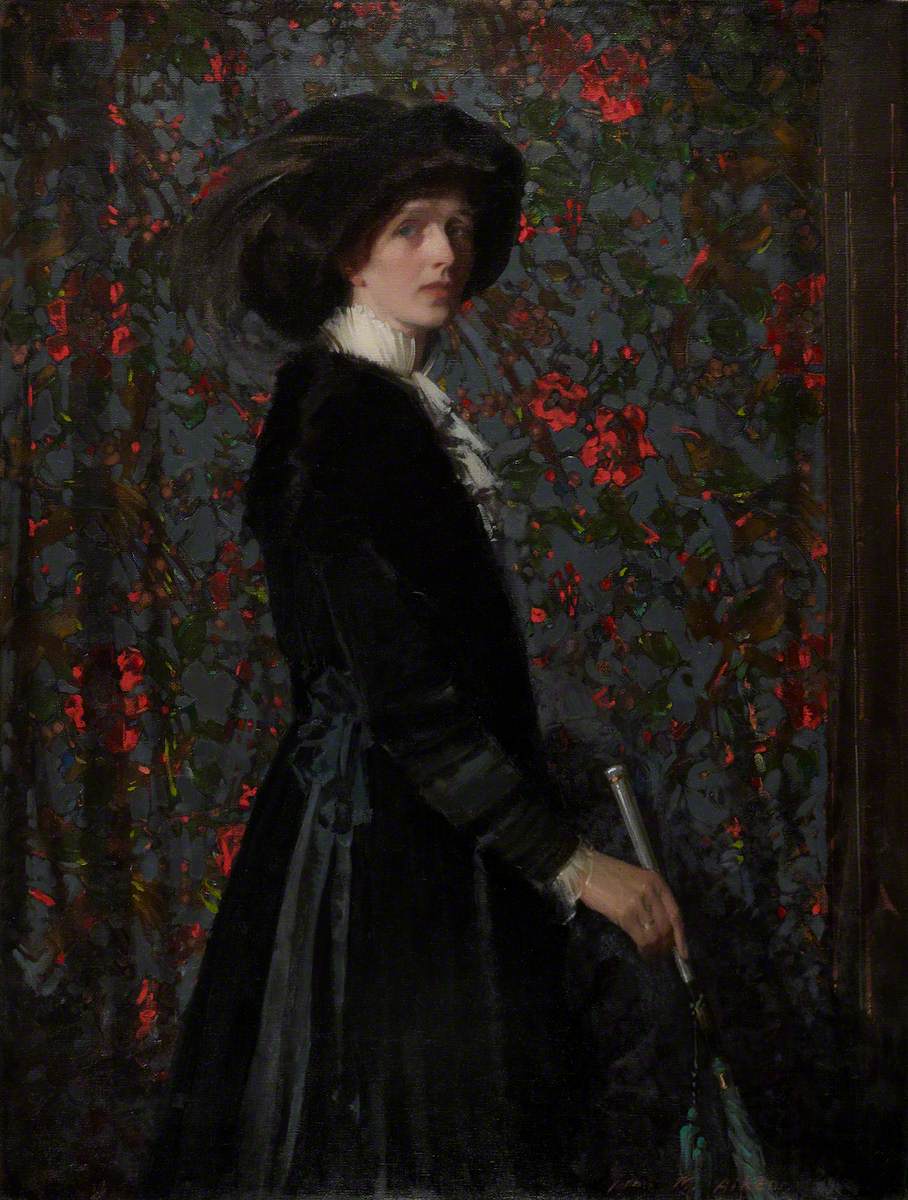 Lady in Black, with a Floral Background