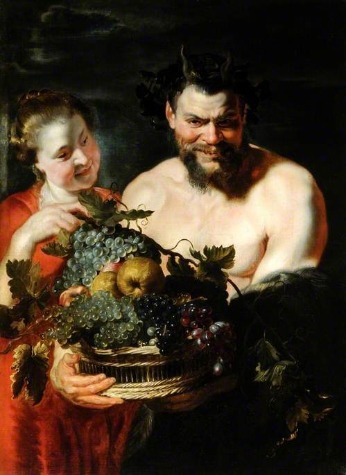Satyr and a Girl with a Basket of Fruit