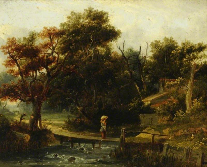 Landscape, Woman Crossing a Stream