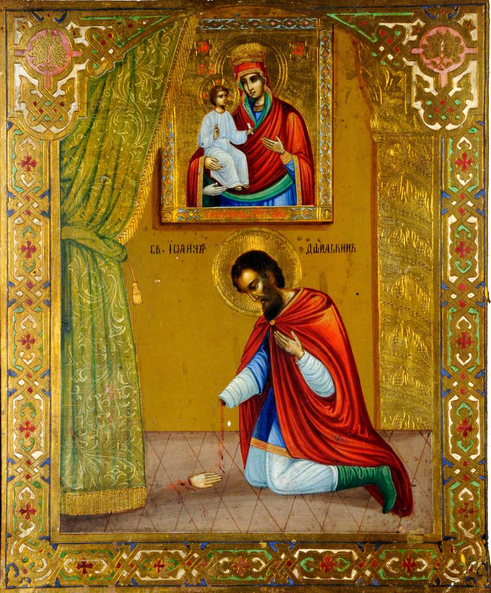 Icon with Saint John Damaskinos (Damascene) with the Virgin of the Three Hands