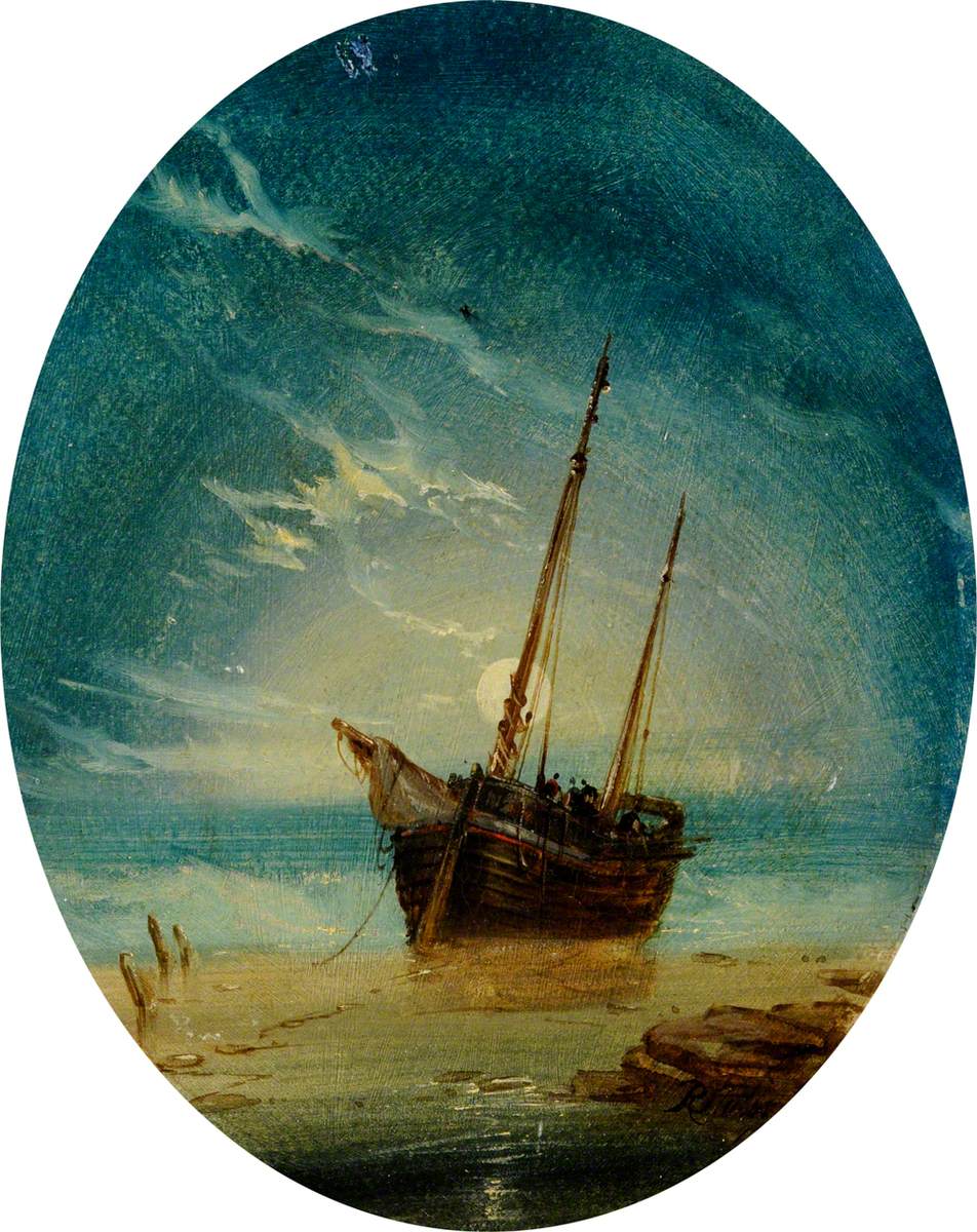 Ship on a Beach by Moonlight