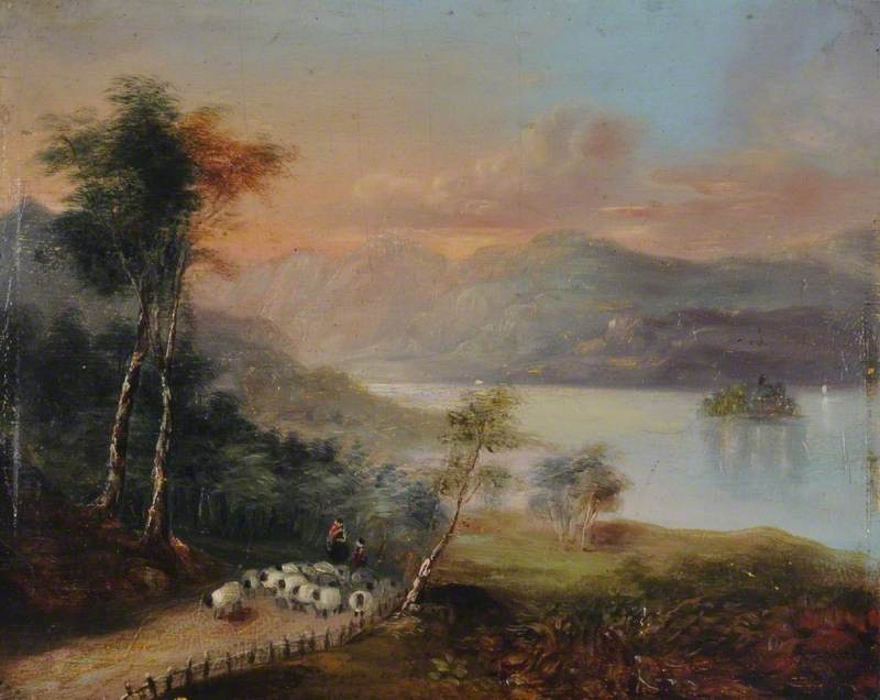 Sheep Being Herded along a Lakeside Path