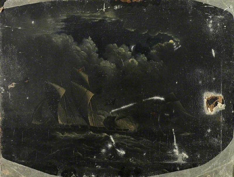 Pirate Brig Fleeing from a Merchant Navy Vessel Sailing by Moonlight