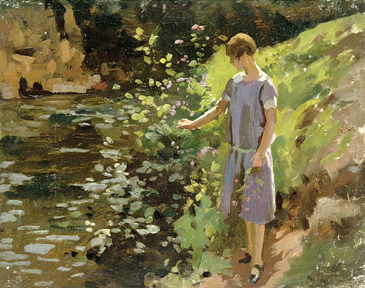 Woman in a Purple Dress Picking Flowers on a Riverbank