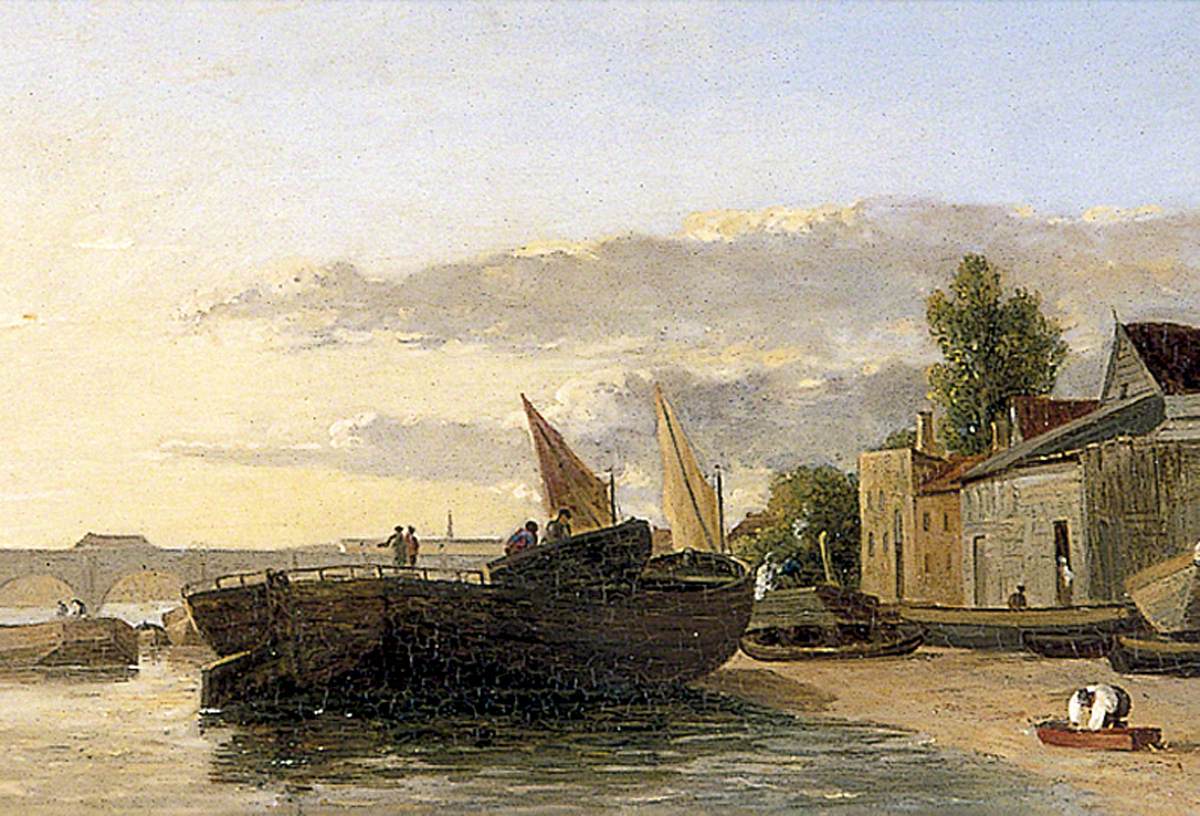 River Scene with Barges and Horses by a Bridge