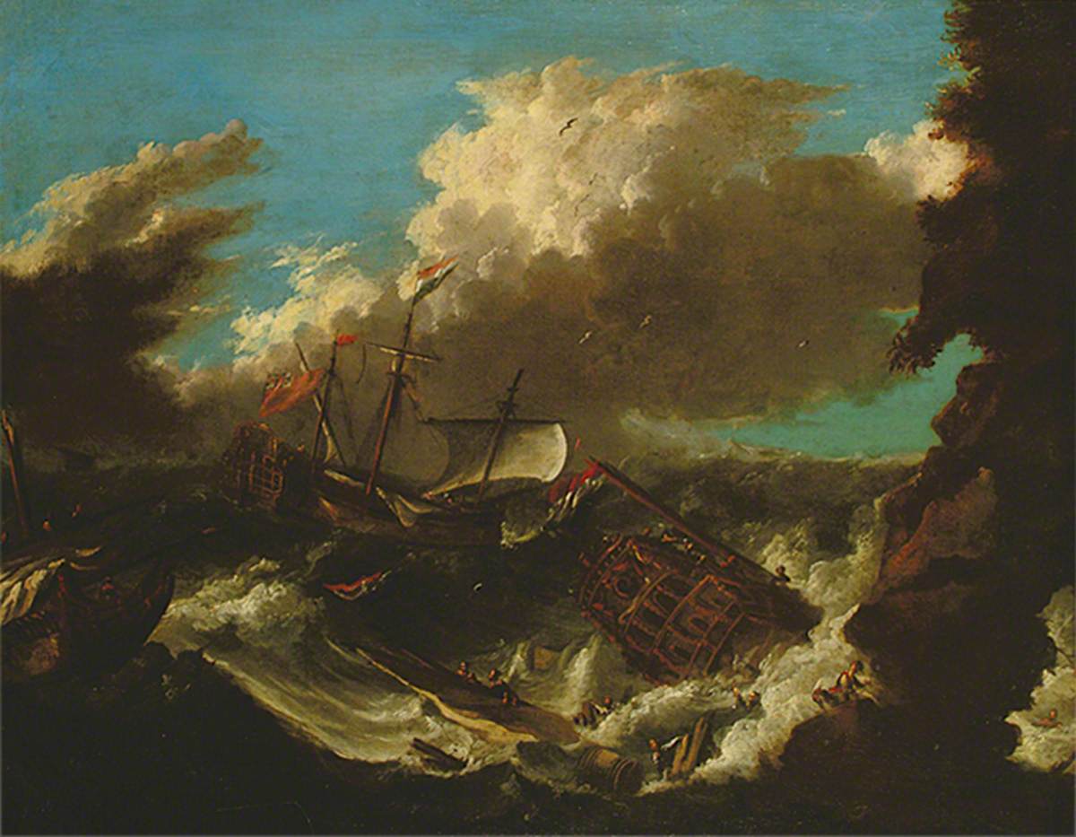 Storm and Shipwreck (British and Dutch Men O'War Floundering in a Gale off a Rocky Coast)