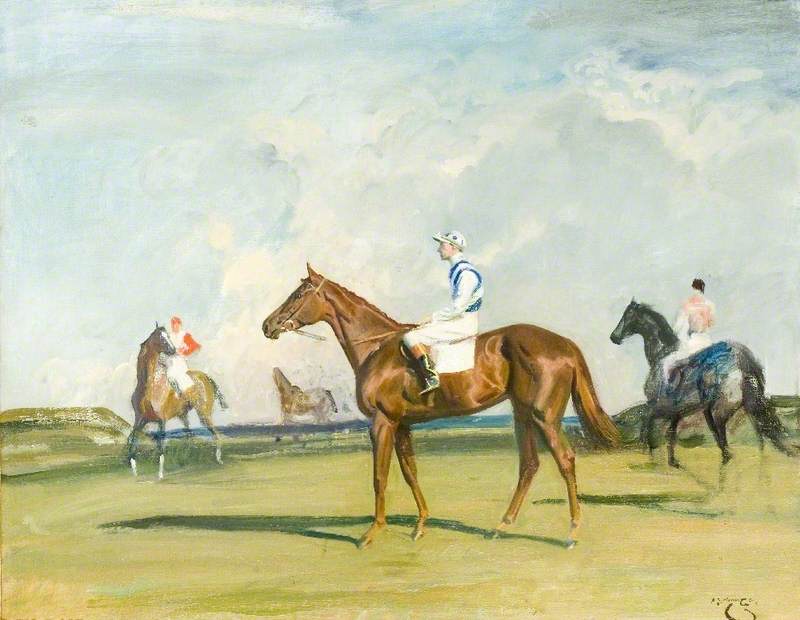 'Happy Laughter', a Chestnut Racehorse, with Jockey up in a Landscape