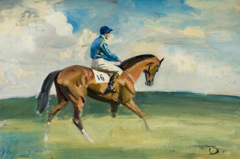 A Racehorse with Jockey up, Wearing Blue with Yellow Ribbon