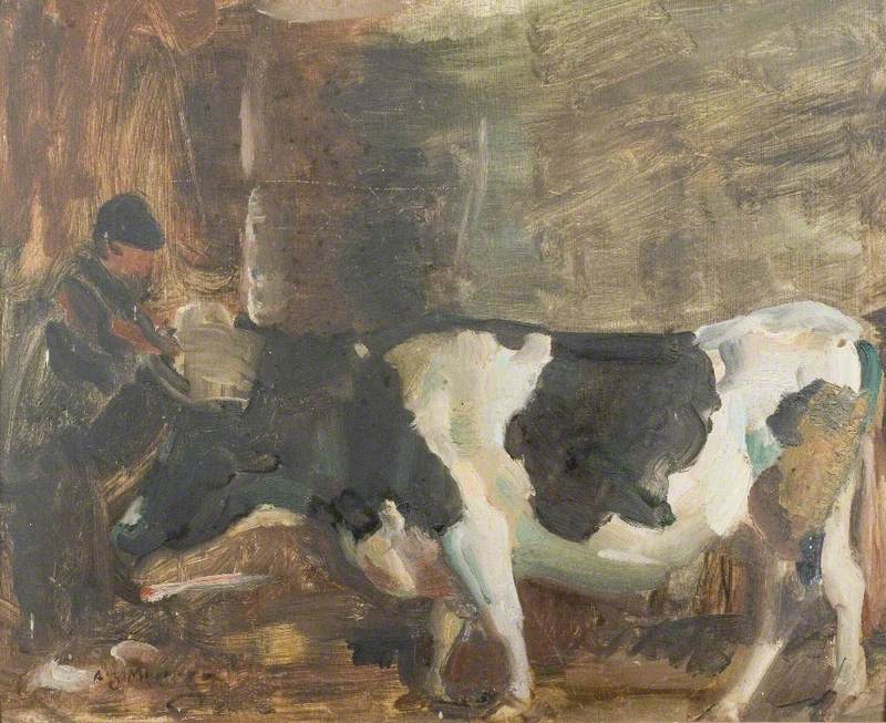 A Cow and a Figure in a Stable