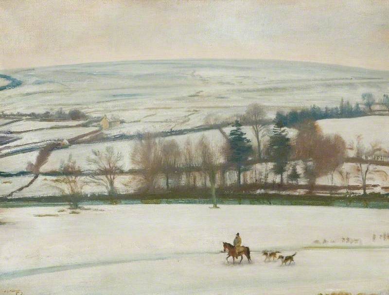 Winter at Withypool, Exmoor: A Winter Landscape, a Rider and Two Hounds in the Foreground