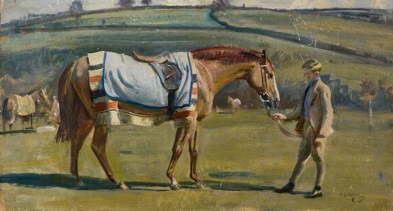 A Chestnut Racehorse Held by a Boy in a Landscape