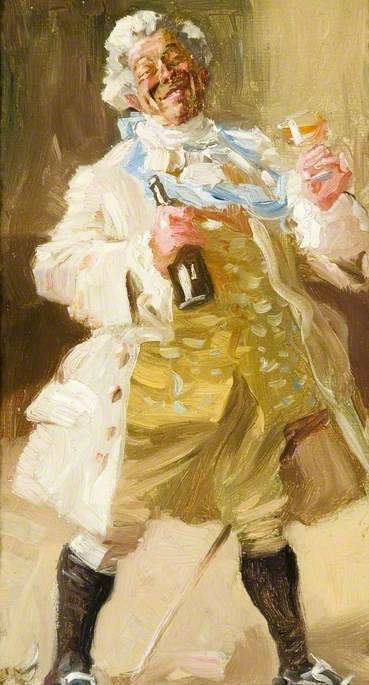 Old Man in Period Costume Holding a Bottle and Glass