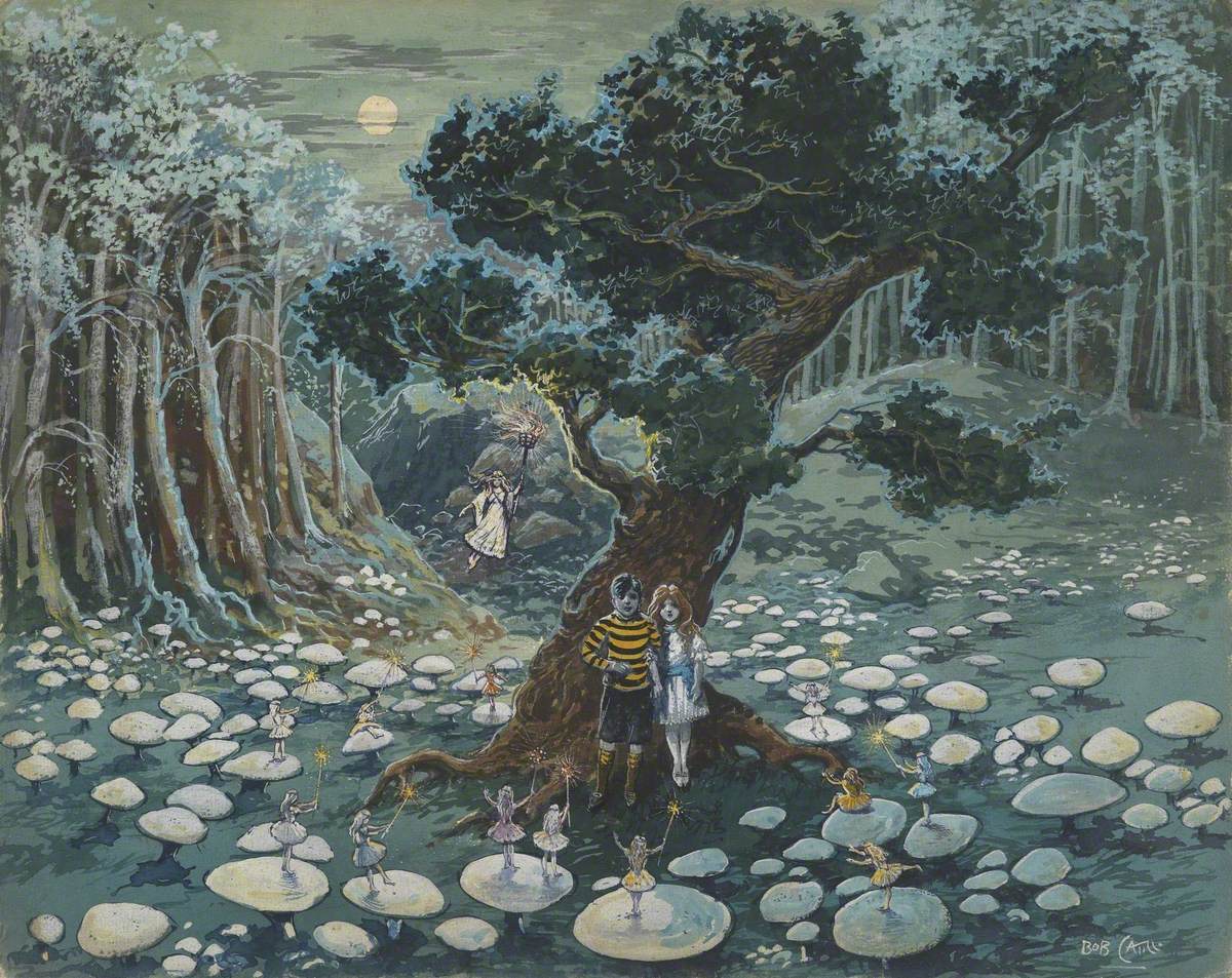 Illustration – Two Children and Fairies on Toadstools