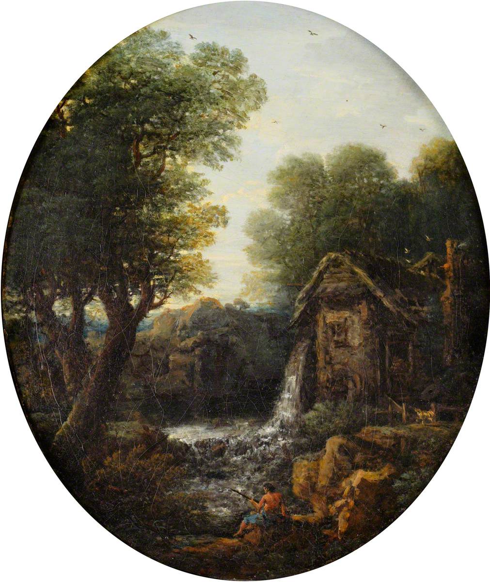 Landscape, a Man Fishing by a Mill Stream