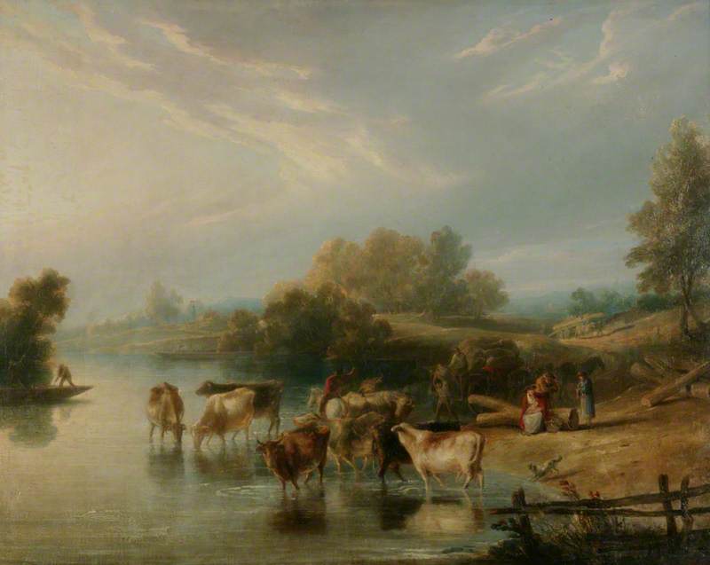River Scene with Cows and Timber Waggons