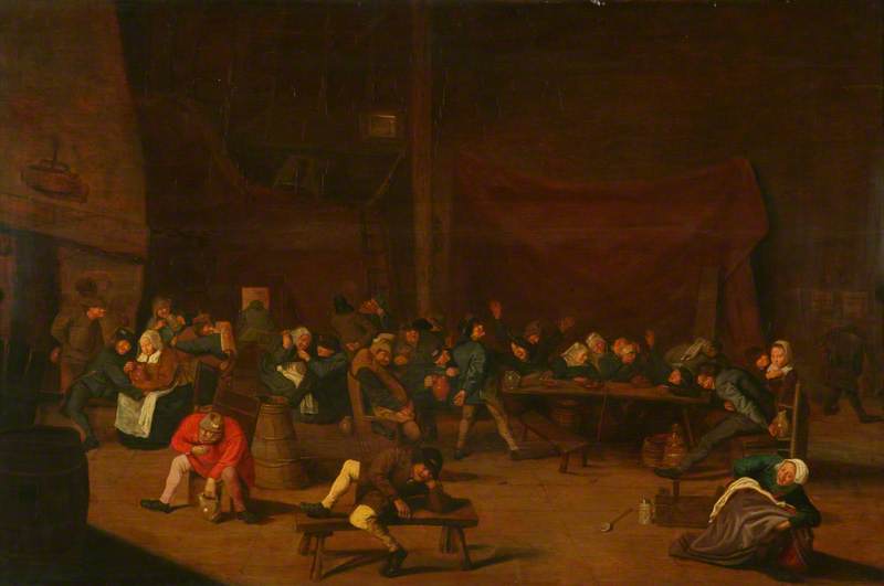 Tavern Scene with a Large Crowd of Peasants Drinking and Merrymaking