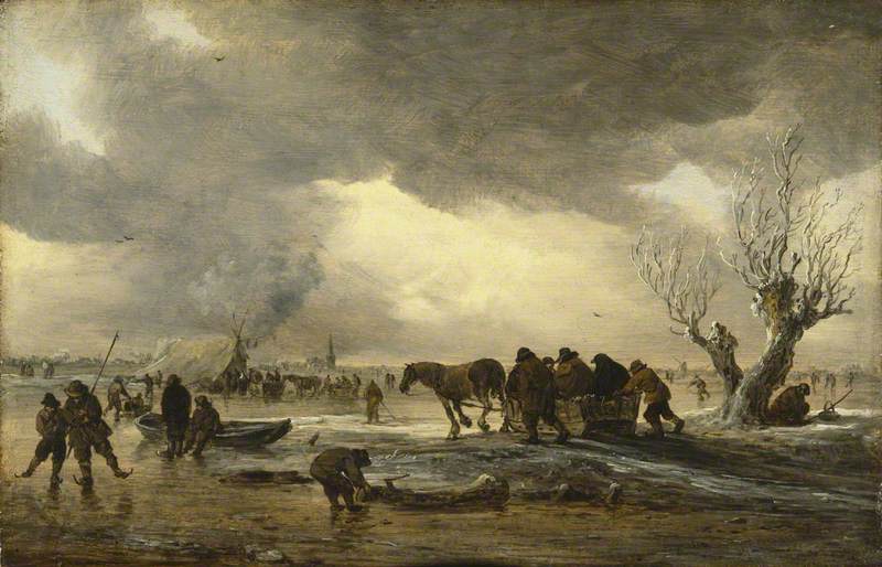 Winter Scene with a Sledge in the Foreground and Figures Gathering Round a Tent on the Ice