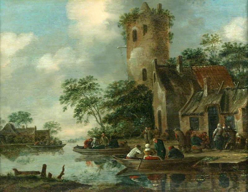 River Scene with a Ruined Tower on the Bank and Figures in Rowing Boats