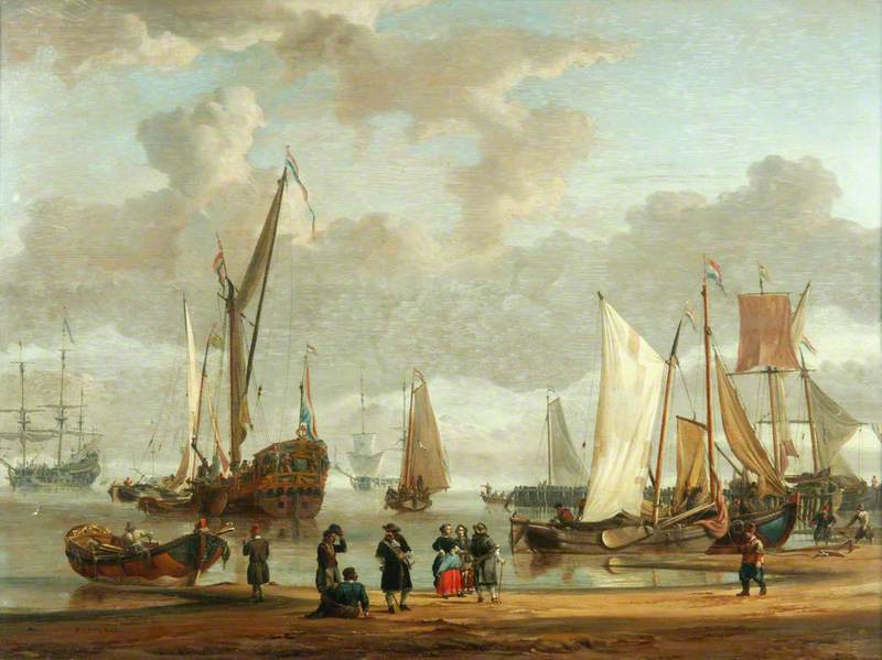 Coast Scene with Shipping Anchored Off-Shore and Figures on a Beach in the Foreground