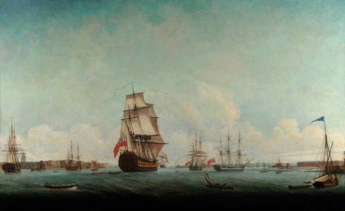 British Man of War and Other Shipping in Portsmouth Harbour