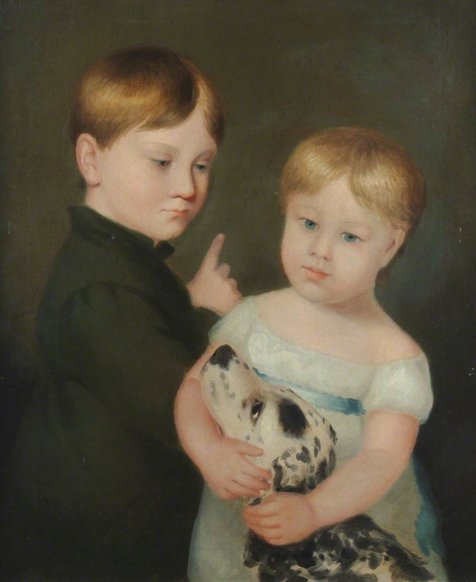 Portrait of a Small Boy and Girl with a Dog
