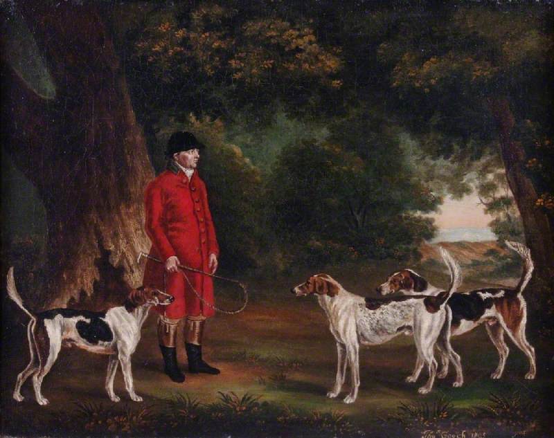 Thomas Sebright with Three Favourite Hounds Belonging to the New Forest Hunt in a Wooded Landscape