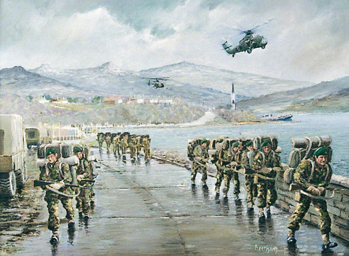 45th Commando Entering Stanley, with Two Sisters and Mount Kent in the Background, 15 June 1982