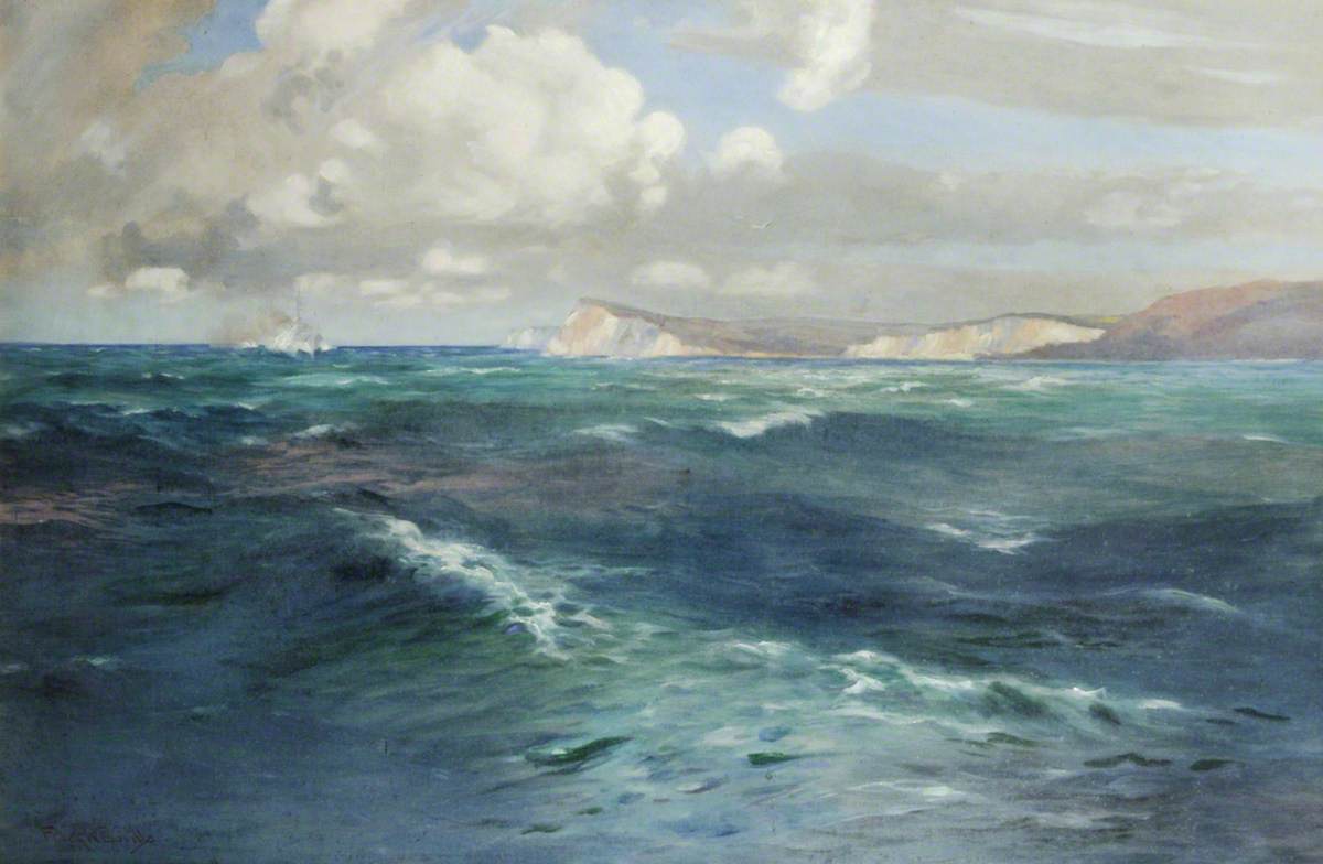 A Three-Masted Ship in a Rough Sea Passing a White Cliff, possibly Culver or Freshwater