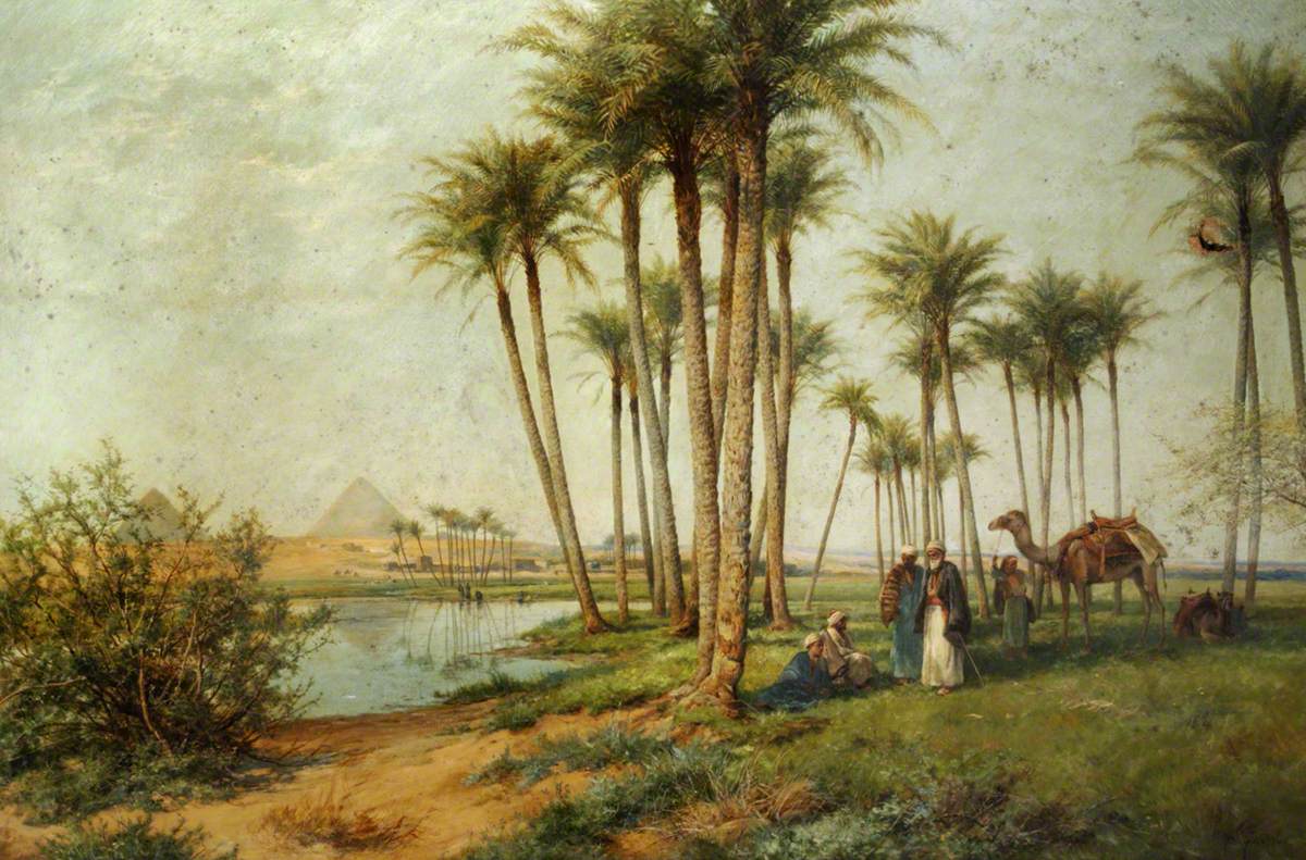 Bedouin at an Oasis with Pyramids