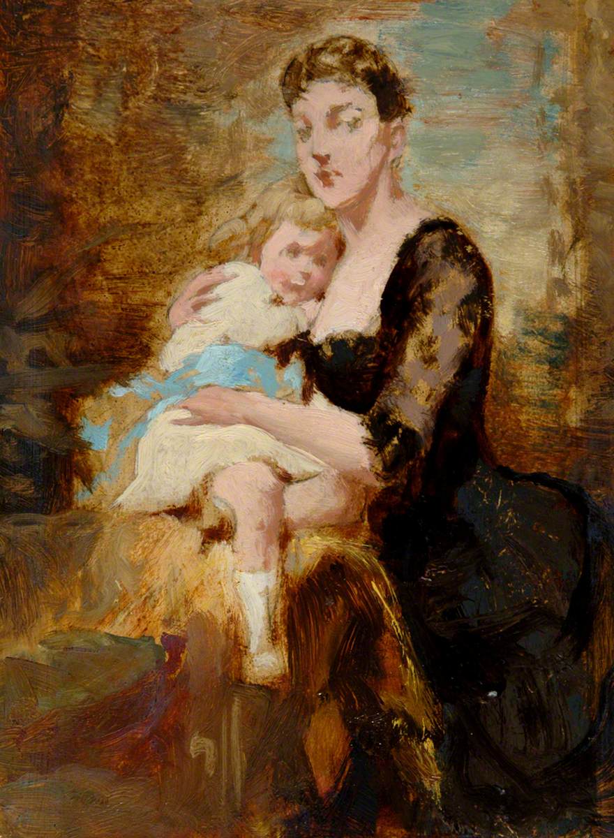 Woman in Black Dress Holding Child
