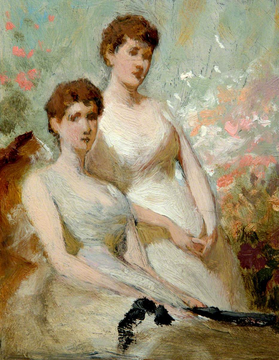 Two Seated Ladies in White Dresses