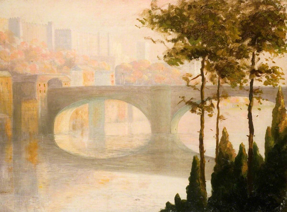 View across a River with an Arched Bridge