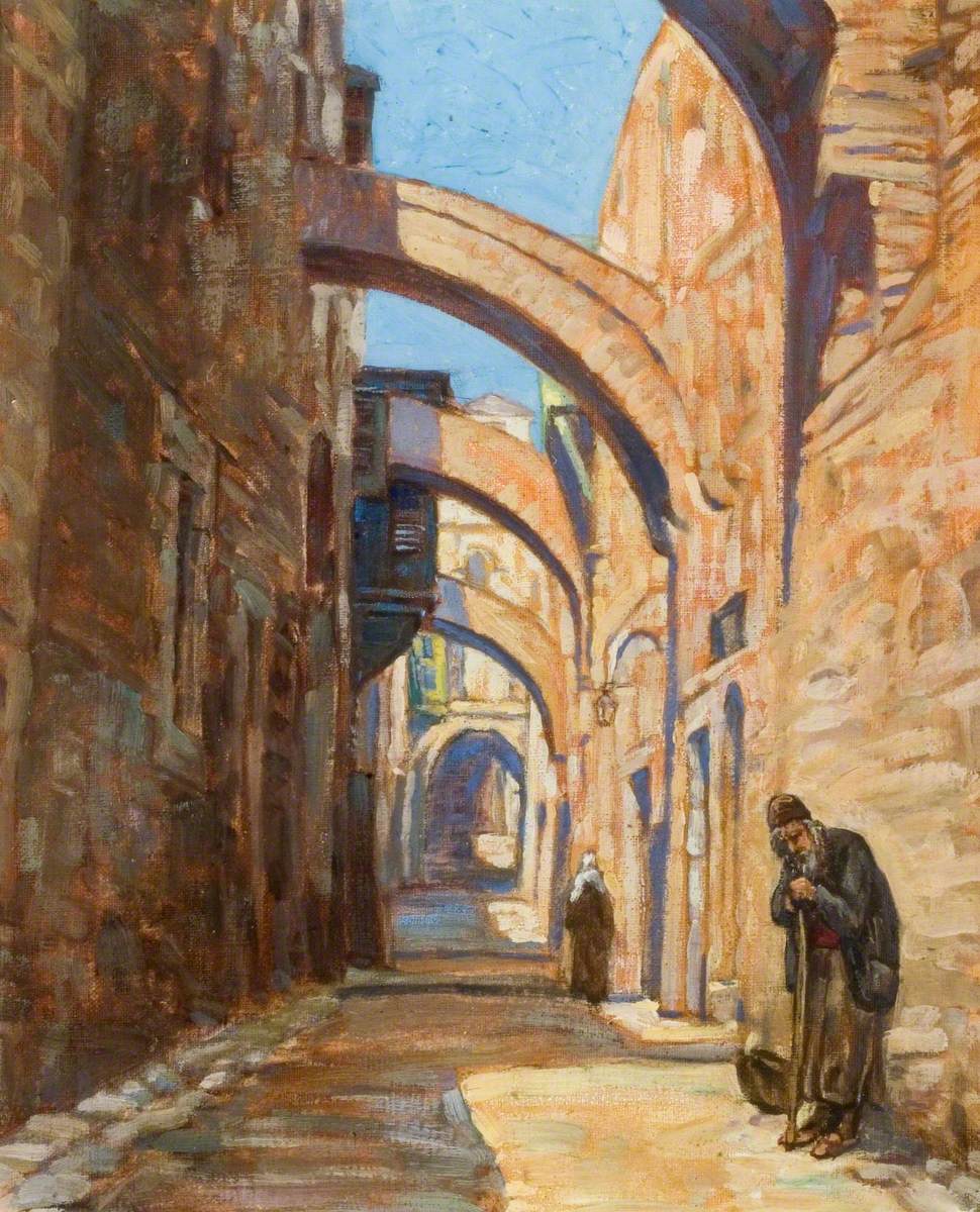 Two People in an Egyptian Street with Flying Buttresses above