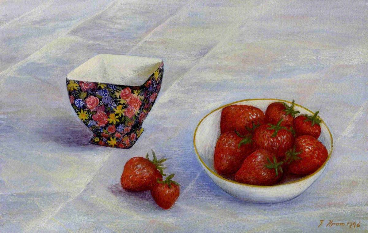 Strawberries in a Dish on a Table with a Decorated Bowl