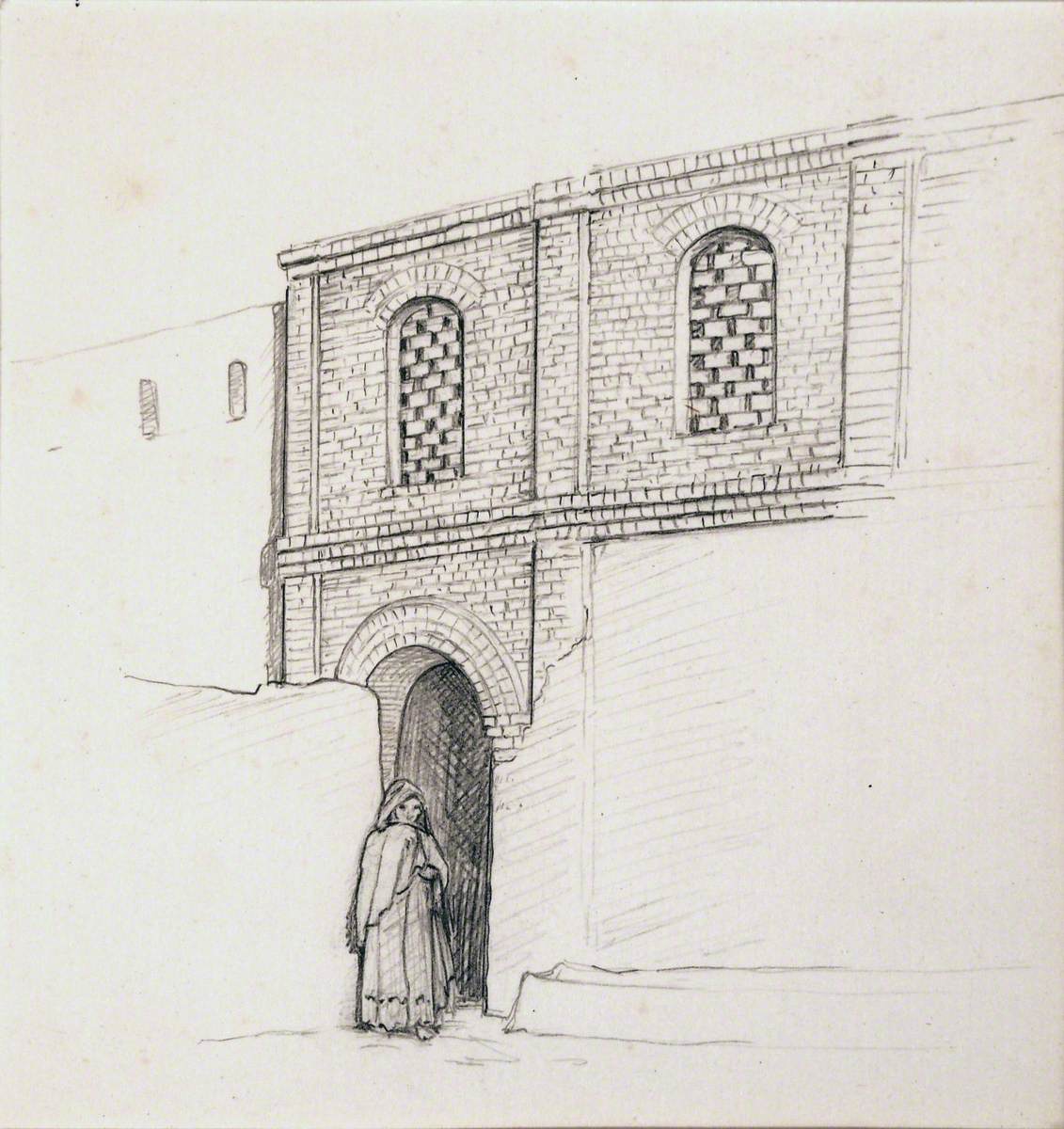 Drawing of an Arab Child in a Doorway of a Brick Building