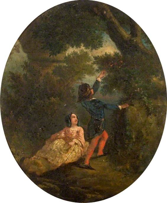 Young Man Reaching up to Pick Flowers for a Young Lady
