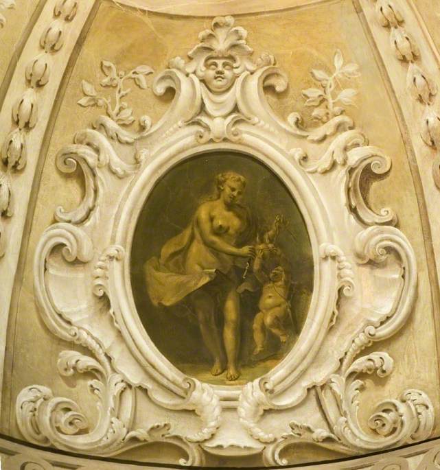 Semi-Nude Woman Tying a Bundle Held up by a Cupid