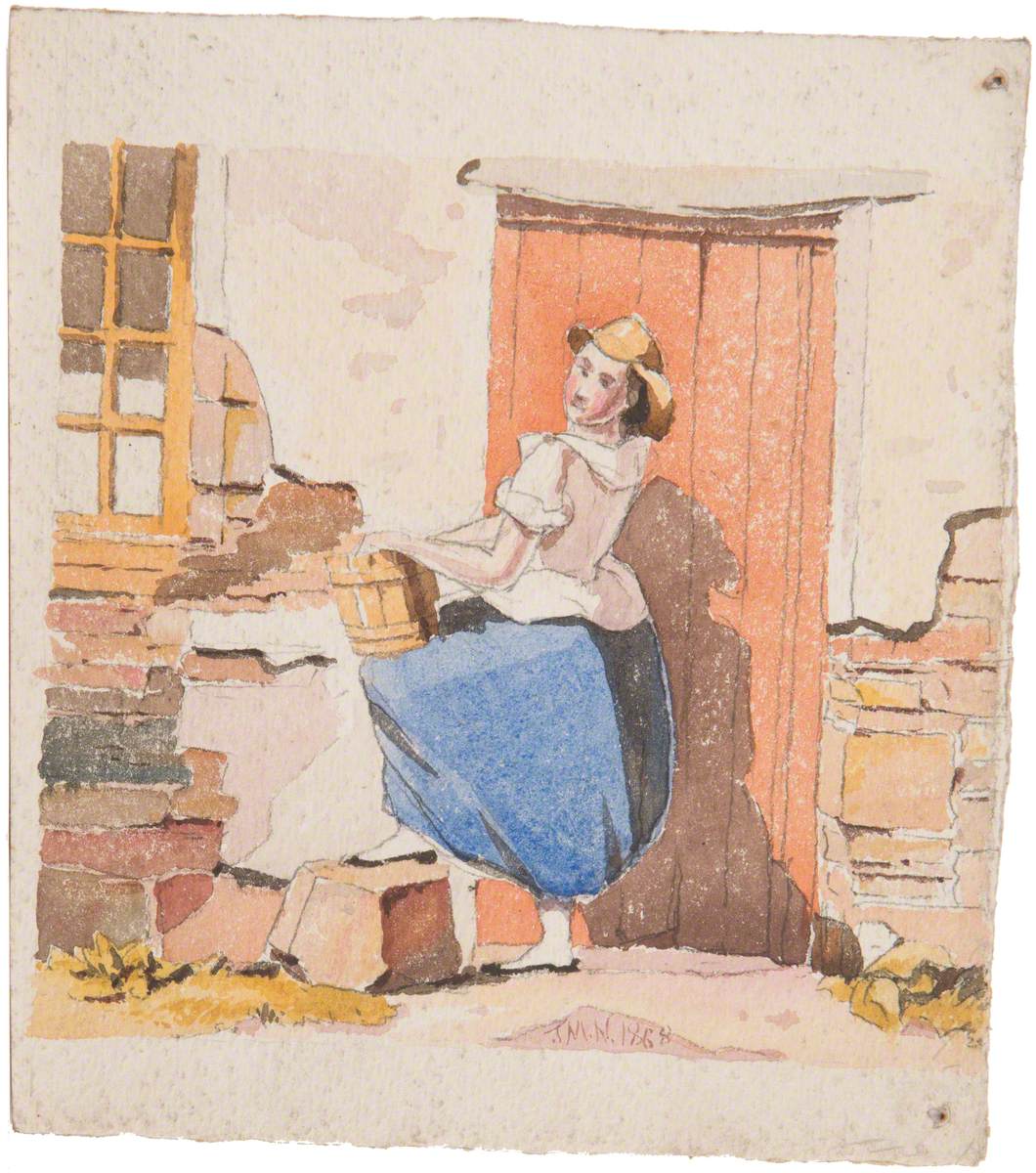 Young Woman outside Cottage Door