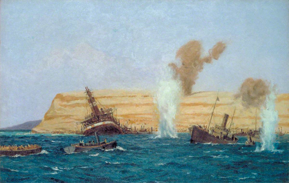 The Base Camp, Cape Helles, under Shell Fire, August 1915: The SS 'River Clyde' Aground