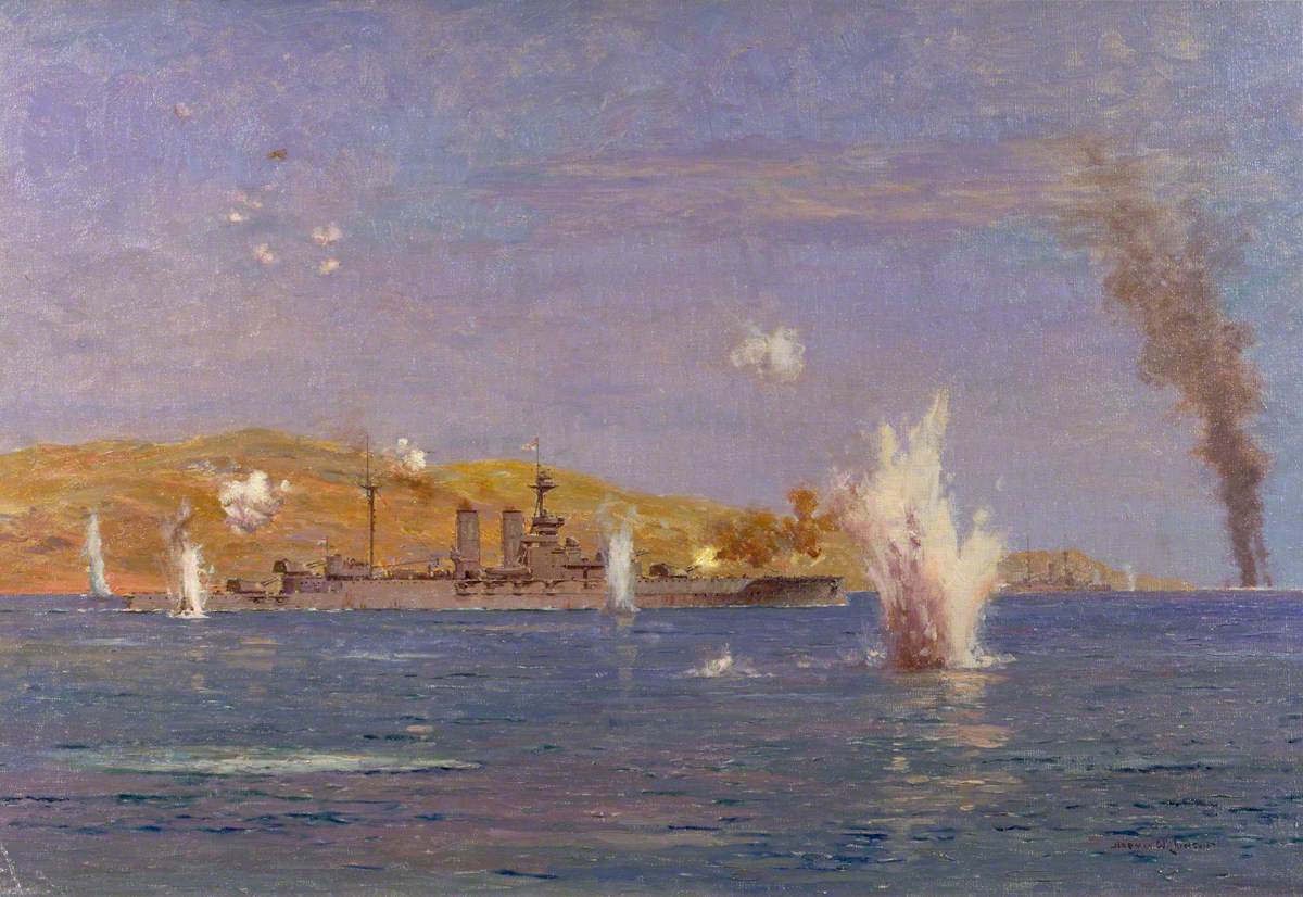 HMS 'Queen Elizabeth' Shelling Forts, Dardanelles: The Attack on the Narrows, Gallipoli, 18 March 1915