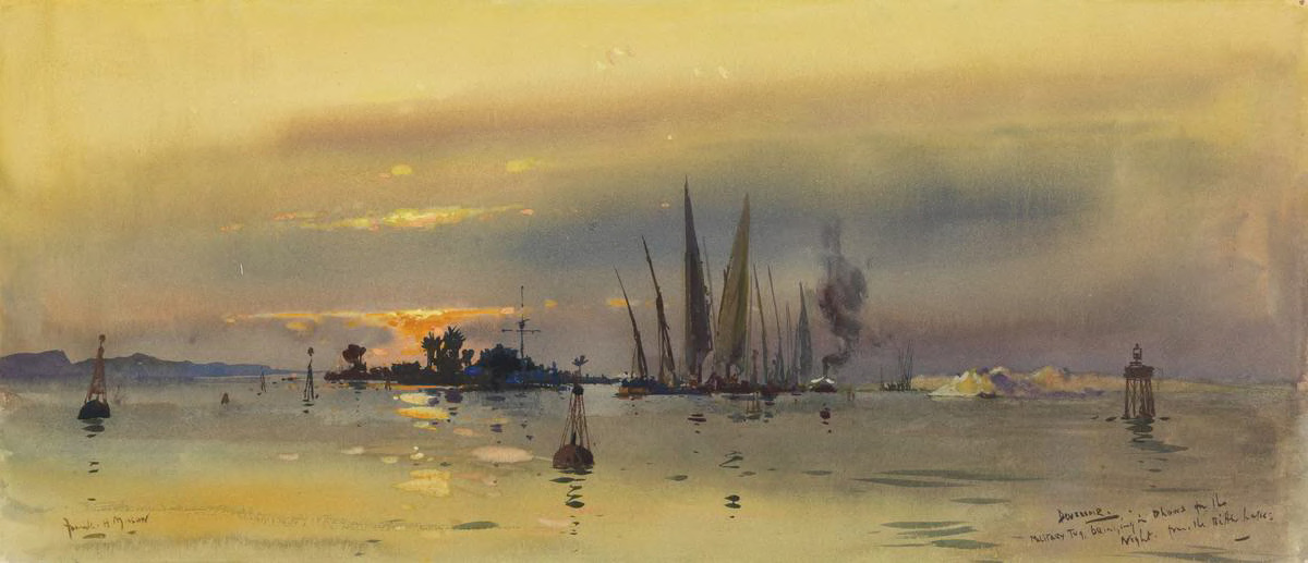 Deversoir : a military tug bringing in dhows for the night from the Bitter Lakes to the shelter of the Suez Canal