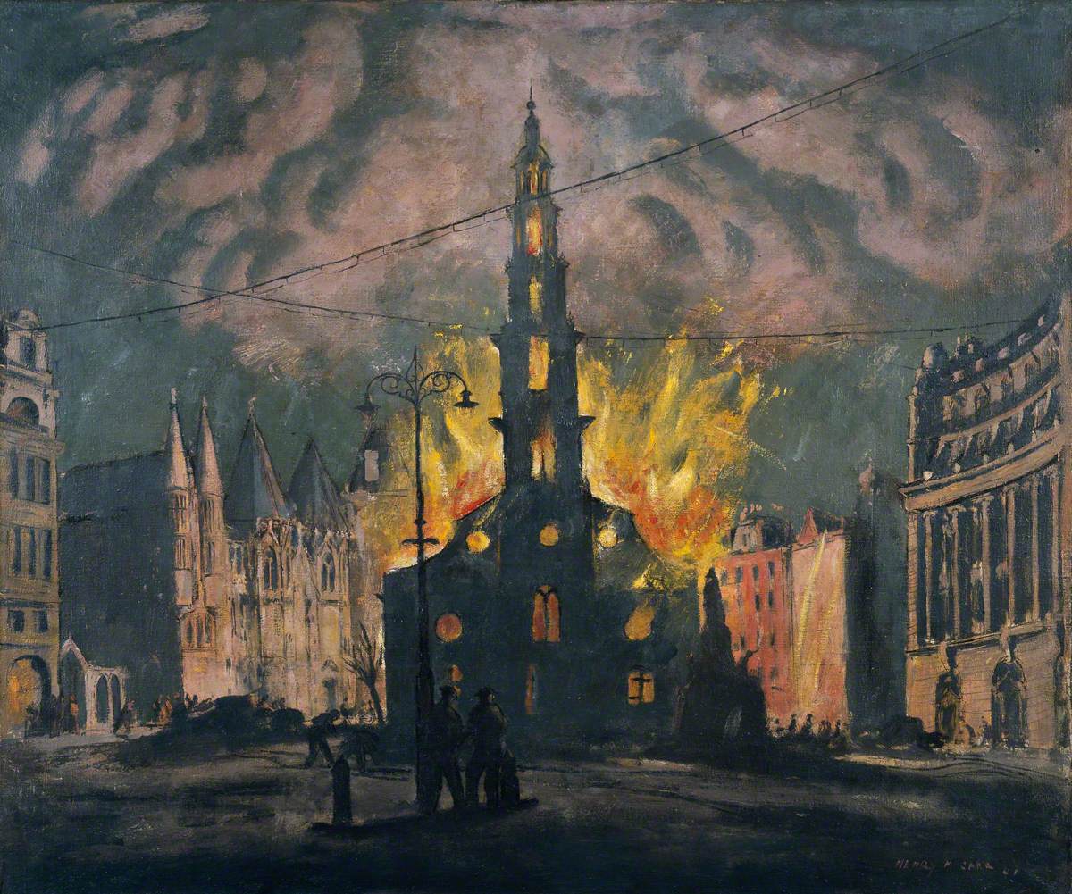 St Clement Dane's Church on Fire after Being Bombed